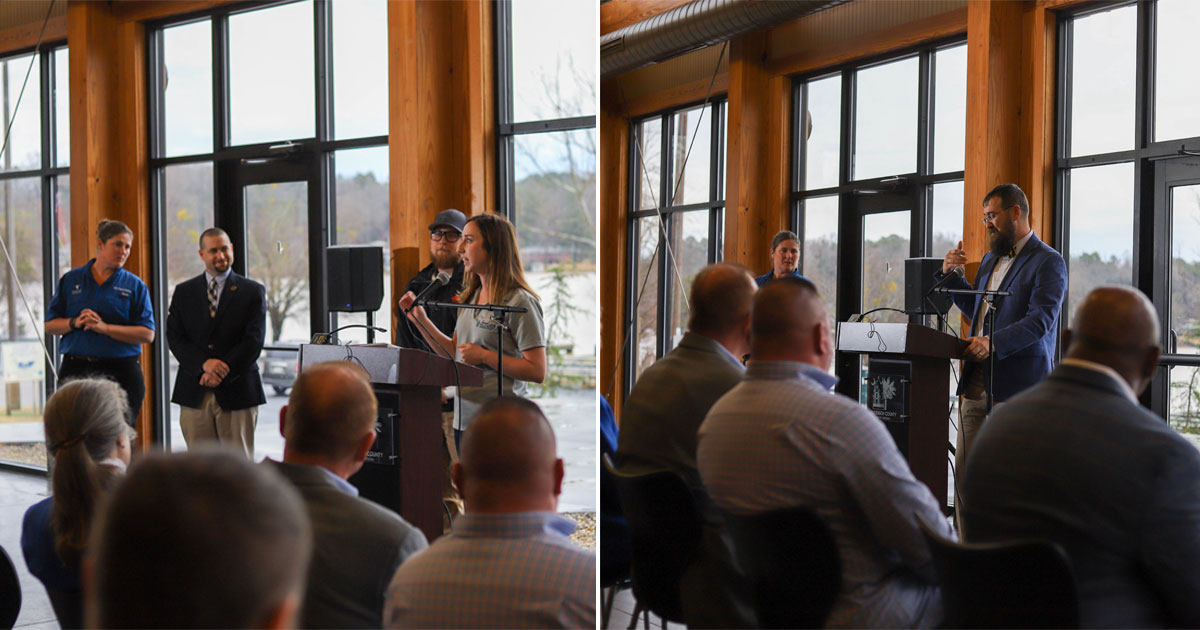 Grant recepients — Anaston Porter of ASWCD and Dr. Laary Cushman of Anderson University on behalf of the Rocky River Conservancy — speak about their organizations' upcoming projects to improve water quality in Anderson County.