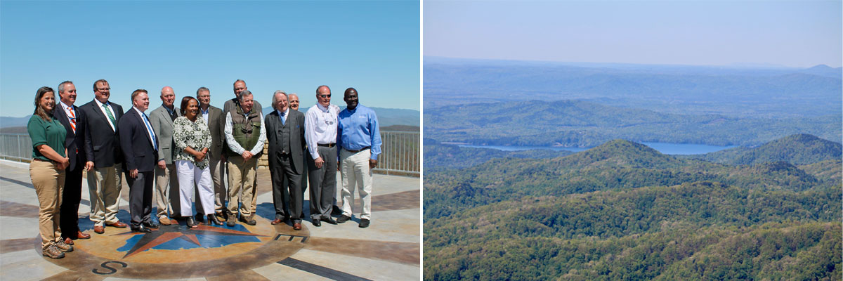 Left, Norman Pulliam attends the opening of the Sassafras Mountain Observation Tower in 2019. Right, the protected view from Sassafras Mountain.