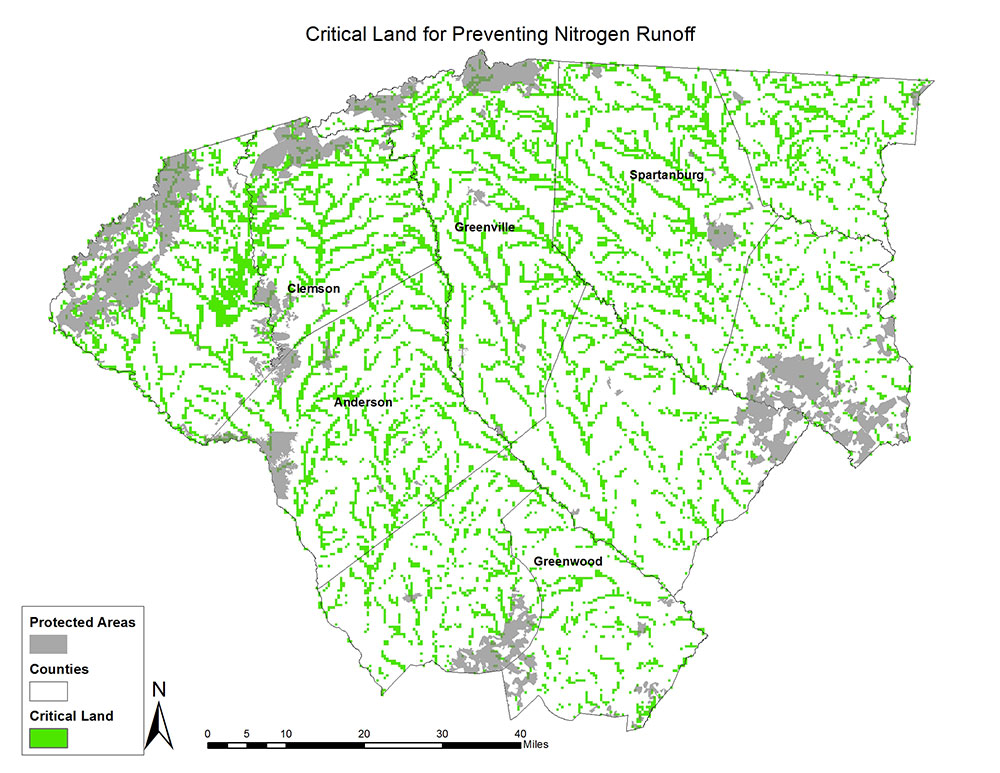 An example of an InVEST GIS layer showing the most critical lands in terms of nitrogen runoff 