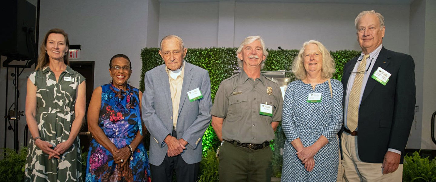 Executive Director Andrea Cooper with 2022 Award Honorees: Mable Owens Clarke, Hoyt Grant, Ranger Tim Lee, and Monty Mullen and Julian Hankinson of Tyger River Foundation