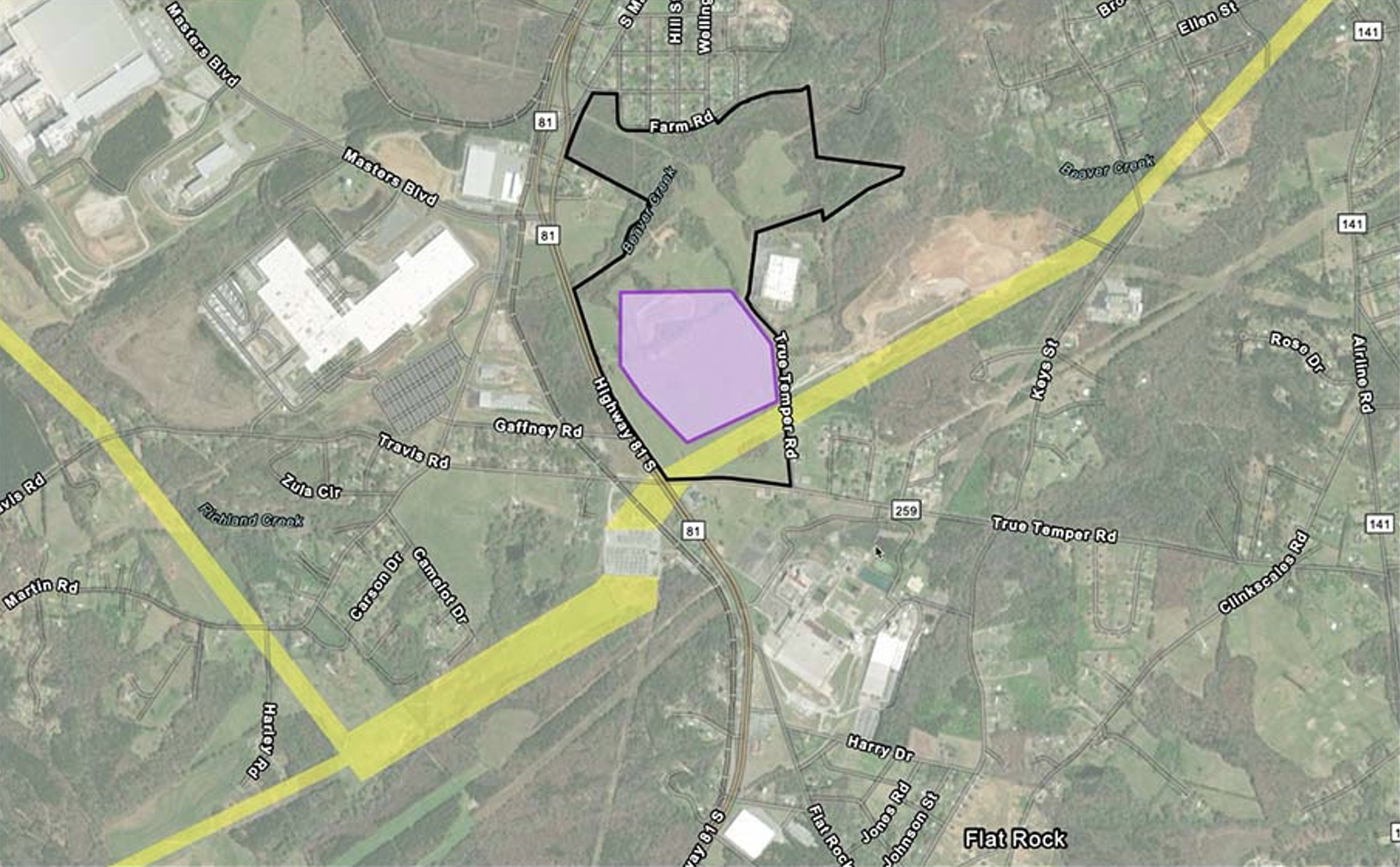 Purple: Proposed site location; Yellow: Existing transmission right of way; Black: Project area
