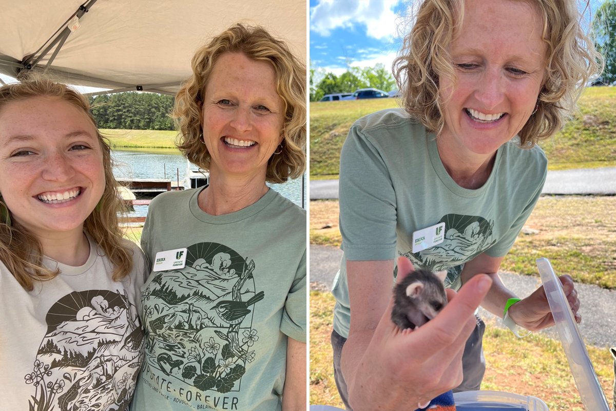 Rebecca and Clean Water Director Erika Hollis enjoying Discover Your Watershed. Holding a rescued baby opossum was a highlight of the day!