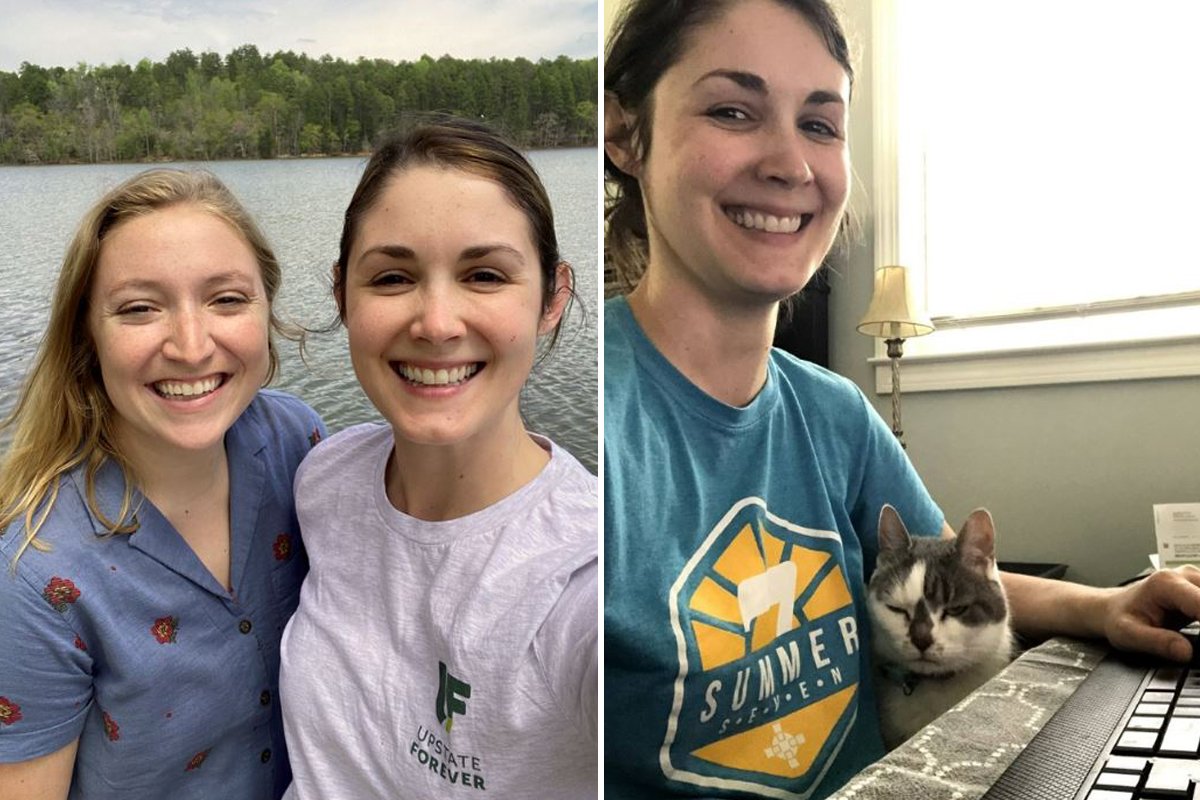 Katie and Clean Water Associate Rebecca Wade on a site visit, left. Monkey pays a visit while Katie works from home, right.