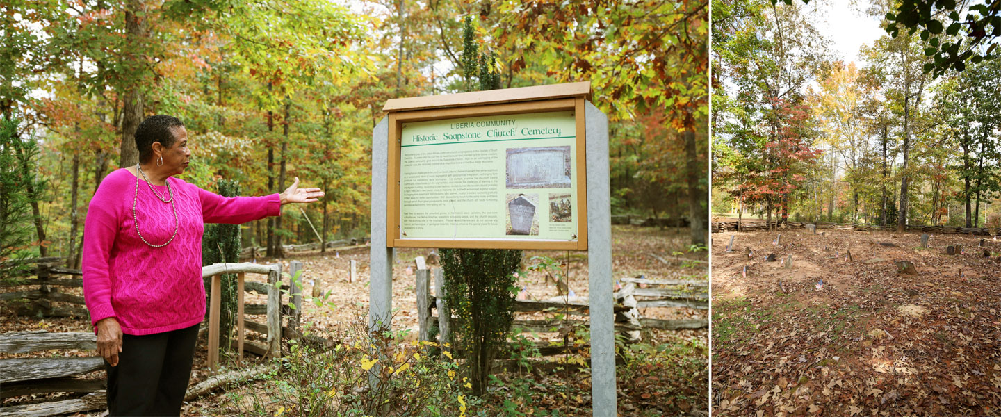 Mable shows the informational sign erected outside of the slave cemetery, left. Volunteers worked to help reveal the graves of the formerly enslaved buried on this historic land, right.