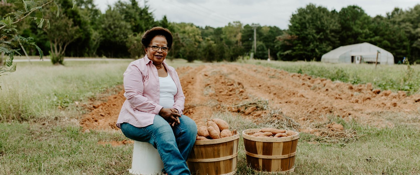Margaret Harrison, pictured with sweet potatoes from H&G Produce.