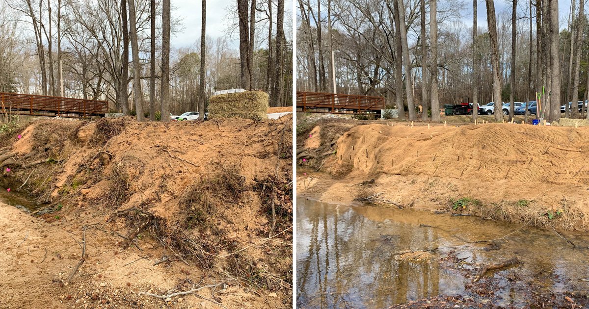 Before and after repairs were installed on a failing stream bank along Brushy Creek in Greer's Century Park.